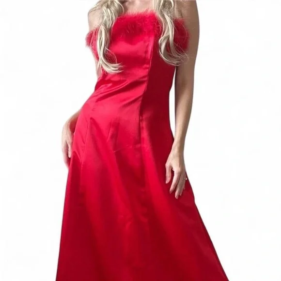 Y2K Red Satin Marabou trim Feathered Dress - Picture 4 of 7